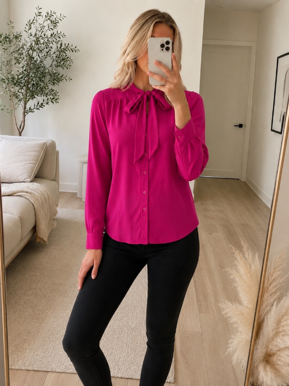 D&Co Magenta Tie Neck Button Down Shirt XS